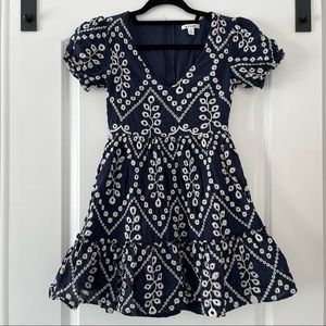 Francesca’s embroidered ruffle dress navy and white
